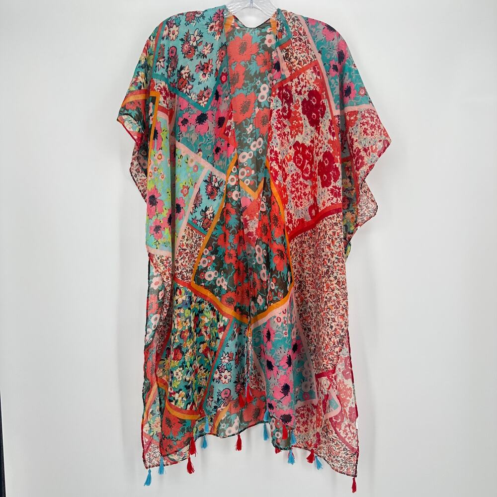 Boho Floral Patchwork Kimono Tassel Trim Cover Up Sheer One Size Multicolor